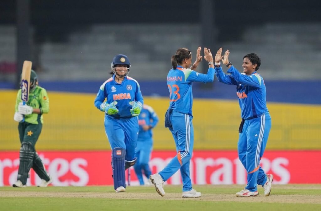 India’s Deepti Sharma celebrates the wicket of Pakistan’s Rameen Shamim during the ICC Women’s Cricket World Cup match between India and Pakistan at Premadasa Stadium in Colombo, Sri Lanka, on October  5, 2025. | Photo Credit: AP 