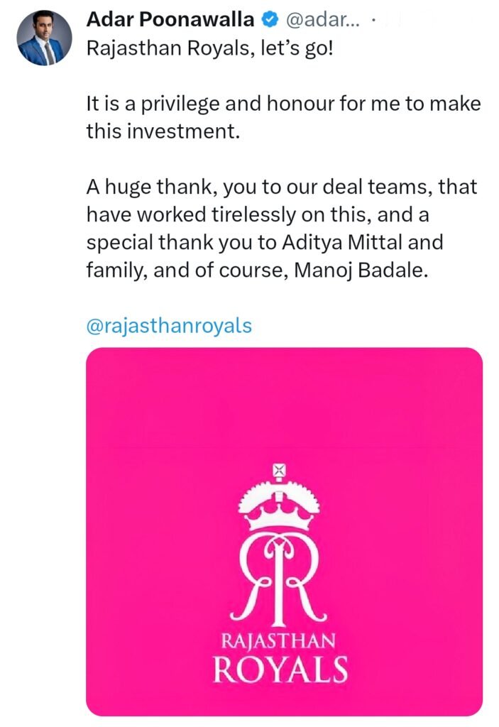Official Tweet of Adar Poonawala regarding Rajasthan Royals